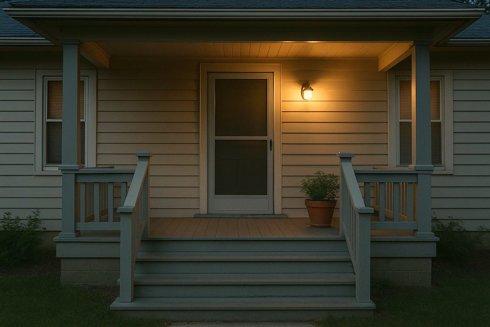 The front porch of a single-family home at dusk, porch light on